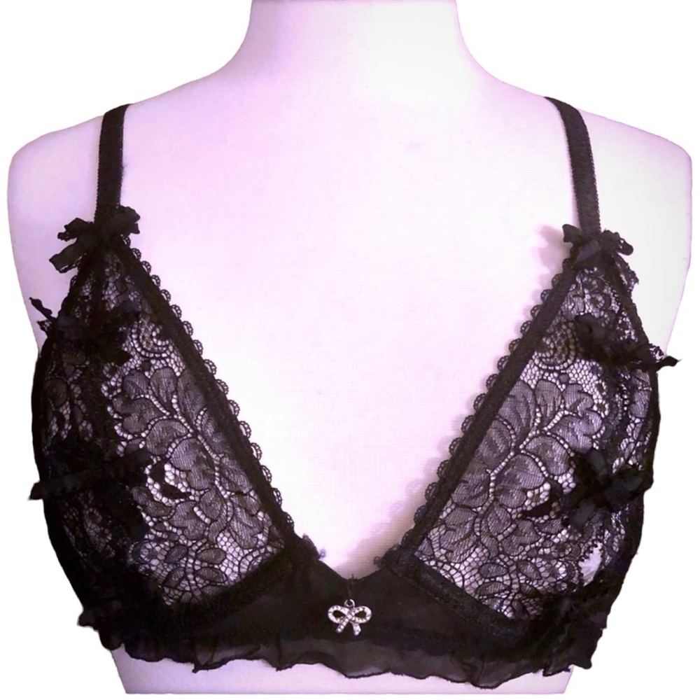 Y2K Carol Maloney Sheer Lace Peek a Boo‎ Bra, Black, Underwire, Medium, NWOT